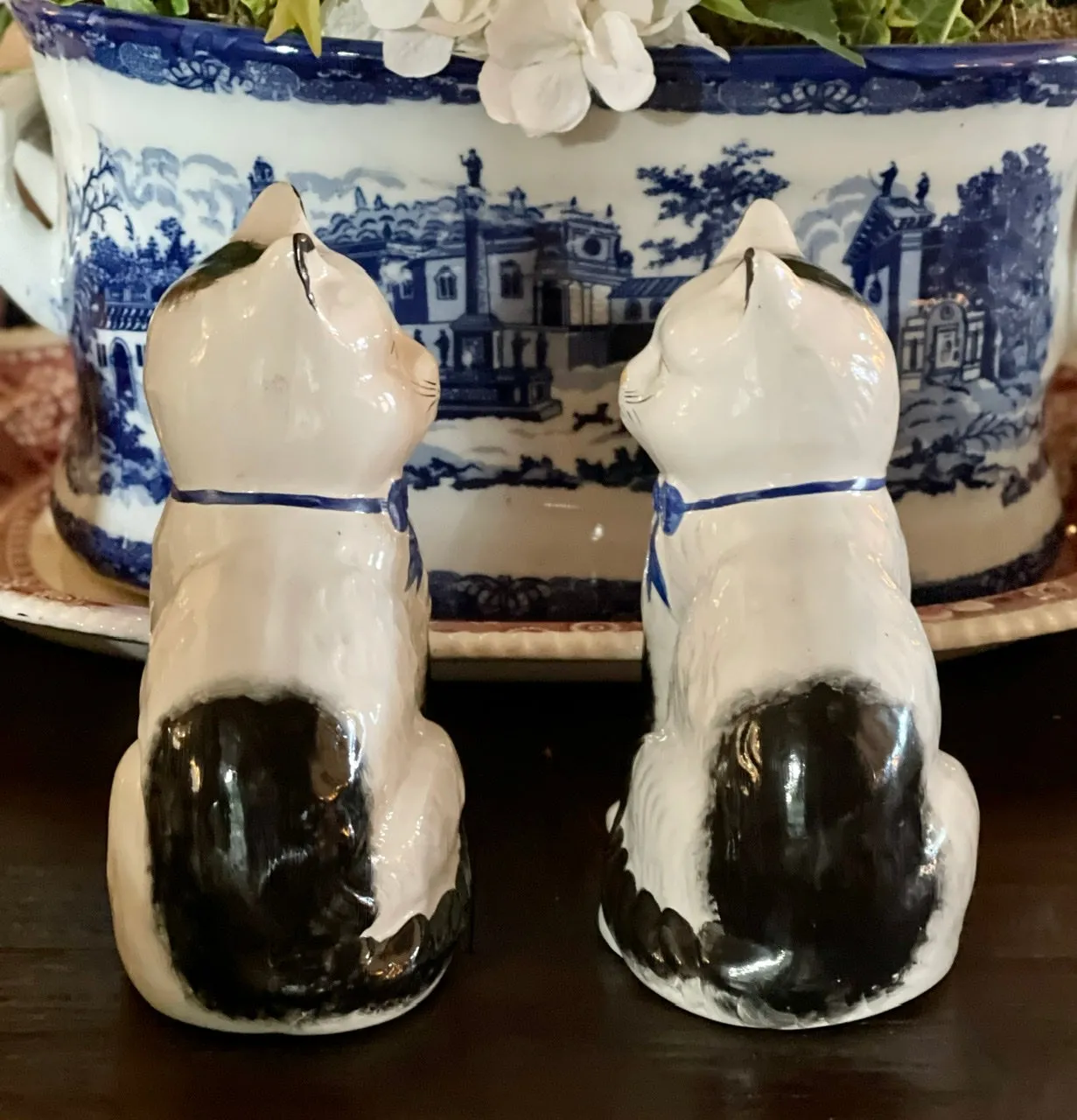 Pair White w/ Black Spots English Staffordshire Mantle Cats w/ Blue Bows