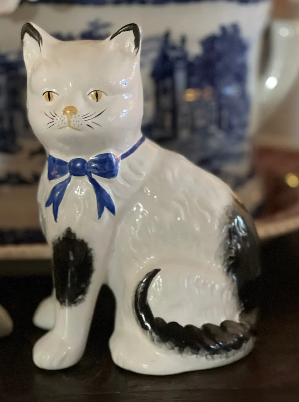 Pair White w/ Black Spots English Staffordshire Mantle Cats w/ Blue Bows