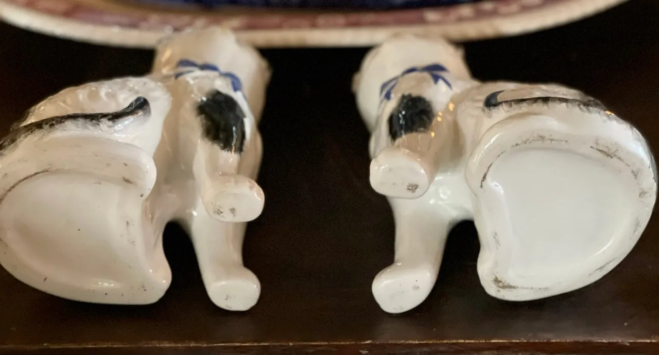 Pair White w/ Black Spots English Staffordshire Mantle Cats w/ Blue Bows