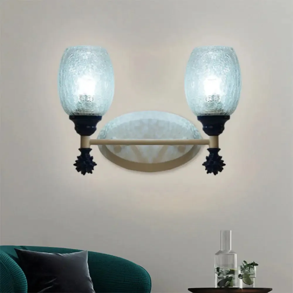 Rustic Wall Mounted Bedside Lamp with Oval Crackle Glass Shade - Rural Blue/Gold/Dark Blue Wall Lighting