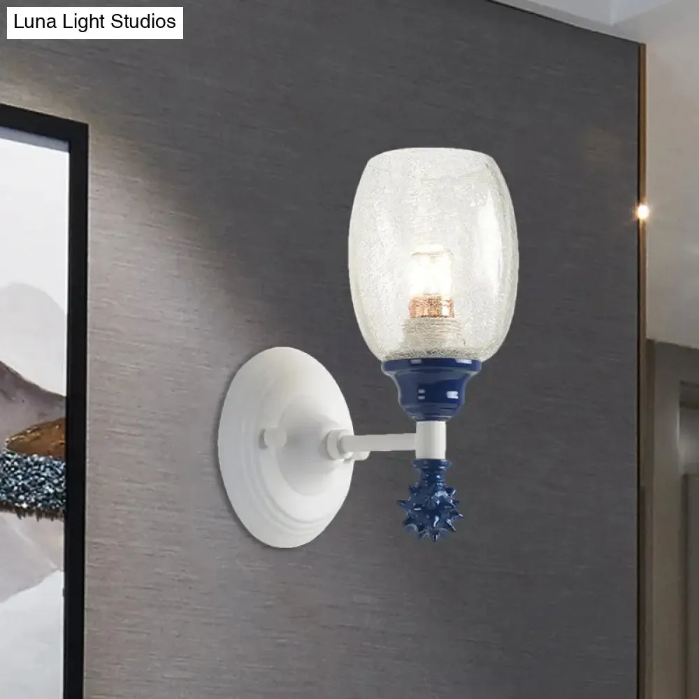 Rustic Wall Mounted Bedside Lamp with Oval Crackle Glass Shade - Rural Blue/Gold/Dark Blue Wall Lighting
