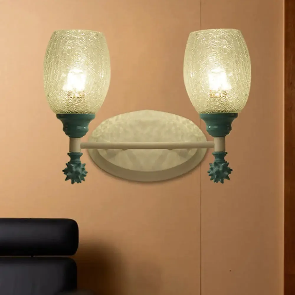 Rustic Wall Mounted Bedside Lamp with Oval Crackle Glass Shade - Rural Blue/Gold/Dark Blue Wall Lighting