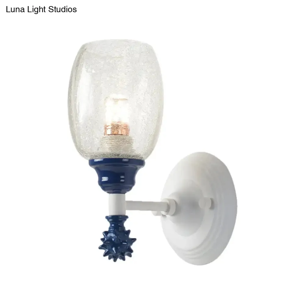Rustic Wall Mounted Bedside Lamp with Oval Crackle Glass Shade - Rural Blue/Gold/Dark Blue Wall Lighting