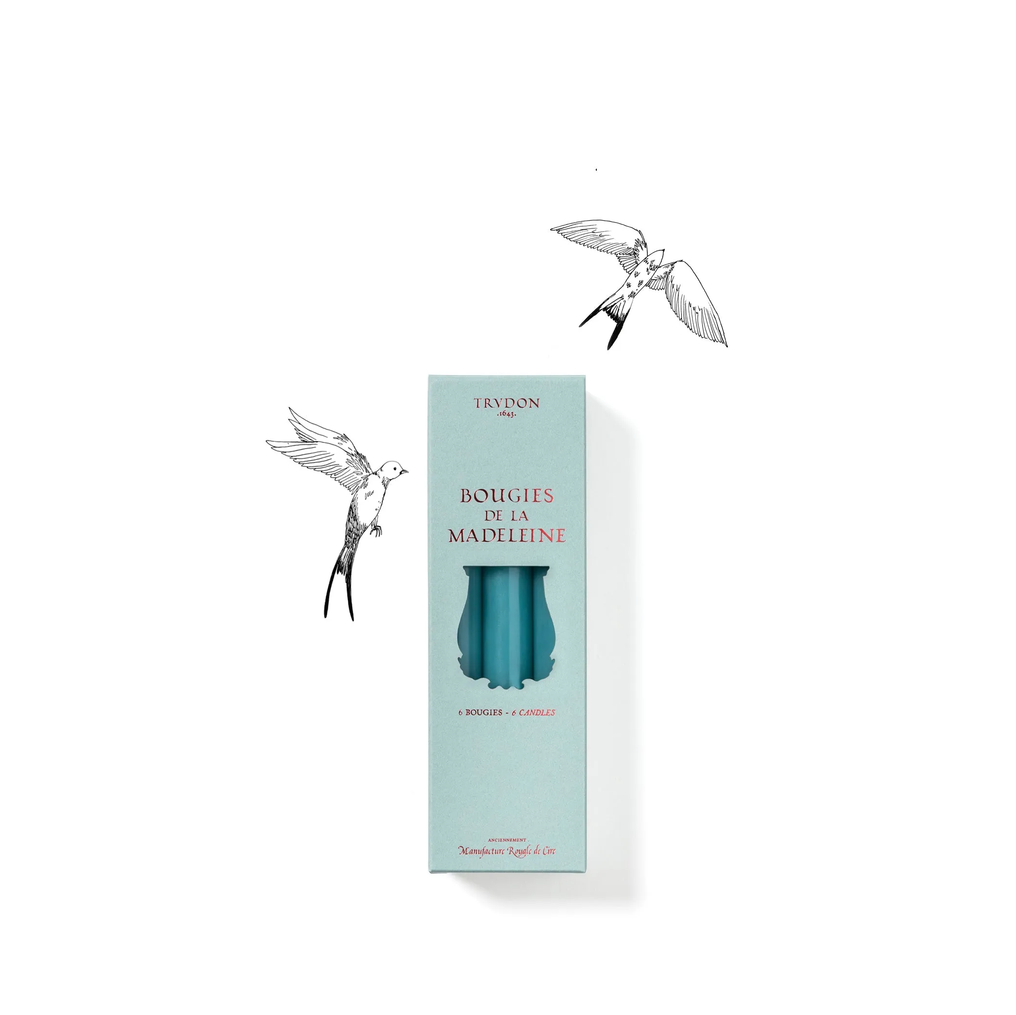 Set of Six Madeleine Candles in Aqua Blue, 20cm