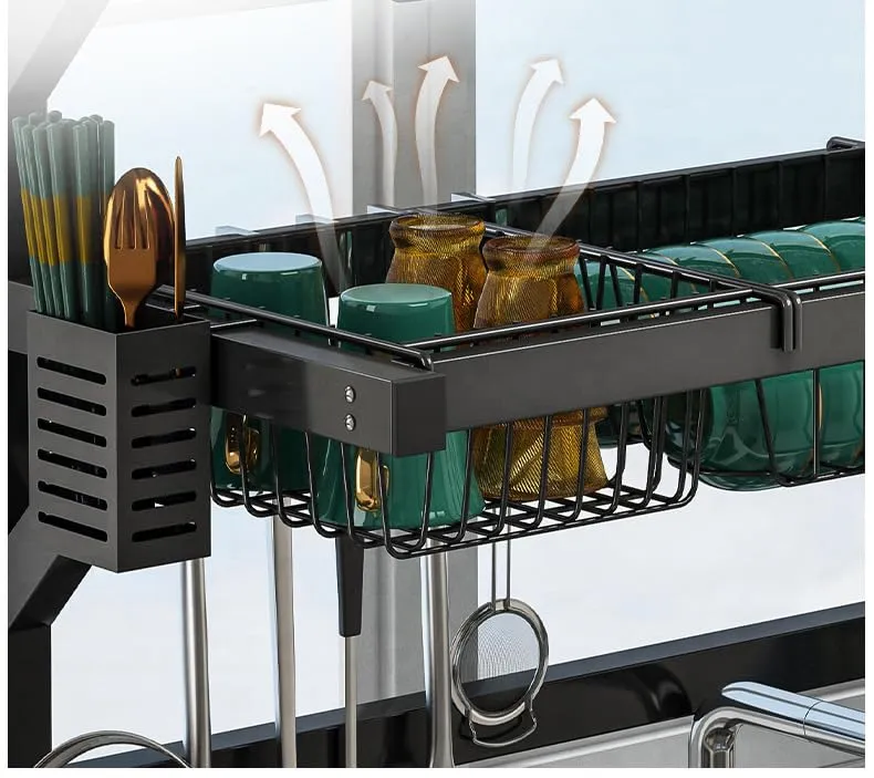 UMAI Drain Rack Kitchen Utensil Organizer | Single Layer-85cm | Space Saving Large Capacity Carbon Steel Durable (Black)