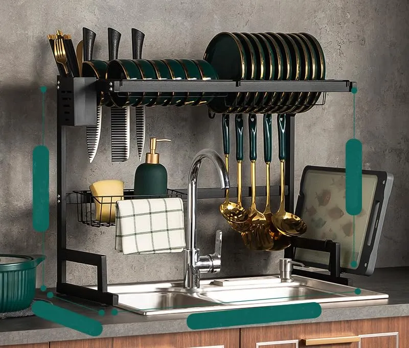 UMAI Drain Rack Kitchen Utensil Organizer | Single Layer-85cm | Space Saving Large Capacity Carbon Steel Durable (Black)
