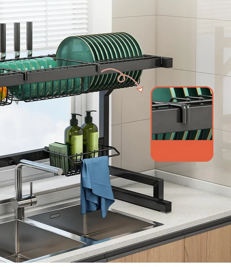 UMAI Drain Rack Kitchen Utensil Organizer | Single Layer-85cm | Space Saving Large Capacity Carbon Steel Durable (Black)