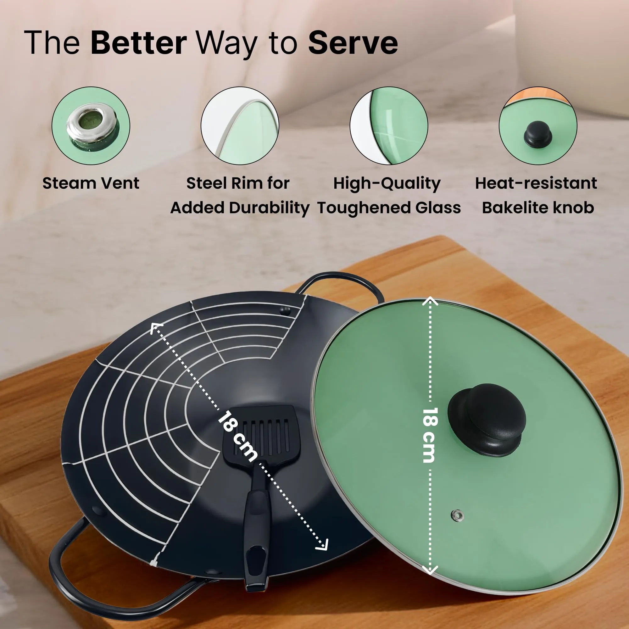 UMAI Glass Pot Lid (1Pcs - 18cm) | Toughened Glass Lid with Stainless Steel Rim & Knob | Lids For Utensils | Glass Lid For Pan Glass | Lids For Kadai | Universal Lid For Utensils(Green)