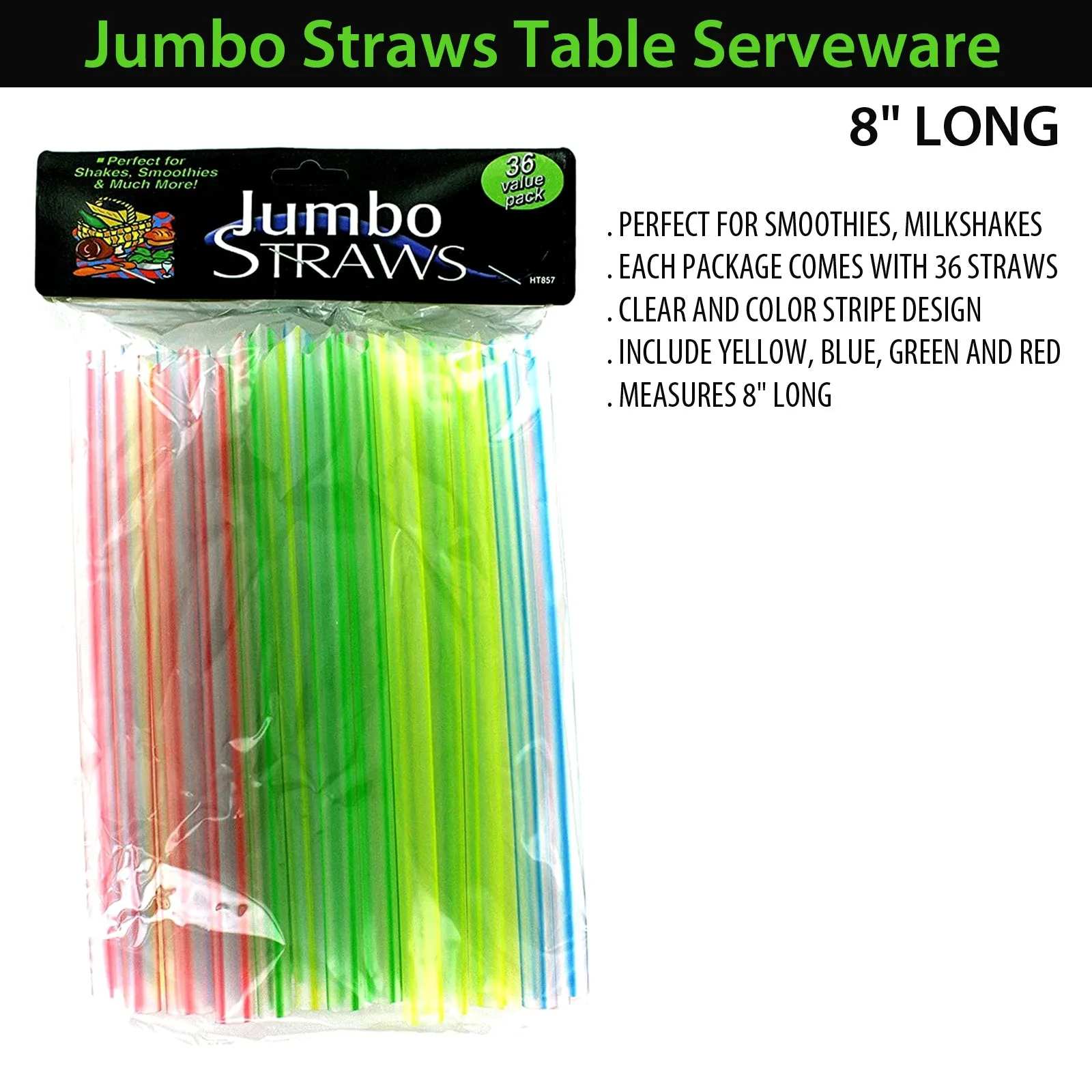 Vibrant 8-Inch Jumbo Straws - Pack of 36