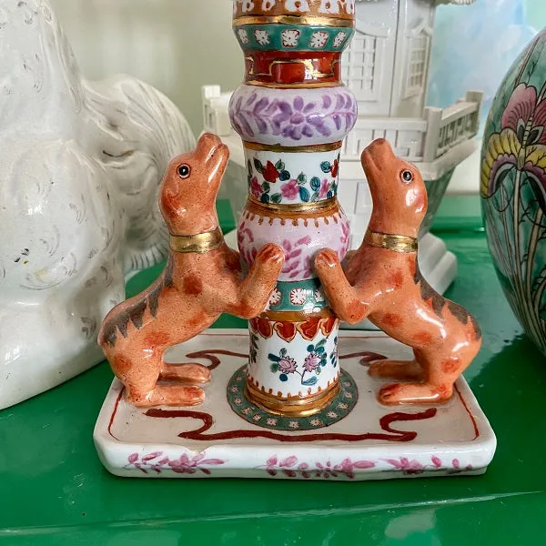 Vintage Candle Holder with Dogs Floral Motif - Chip on Bottom and Small Hairline Crack