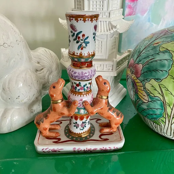 Vintage Candle Holder with Dogs Floral Motif - Chip on Bottom and Small Hairline Crack