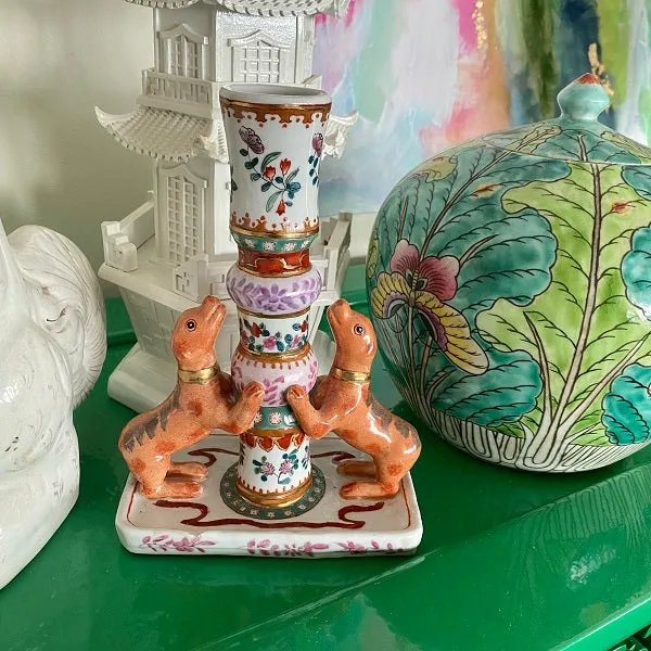 Vintage Candle Holder with Dogs Floral Motif - Chip on Bottom and Small Hairline Crack