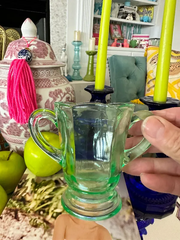 Vintage Green Uranium Glass 2 Handled Vase, Creamer