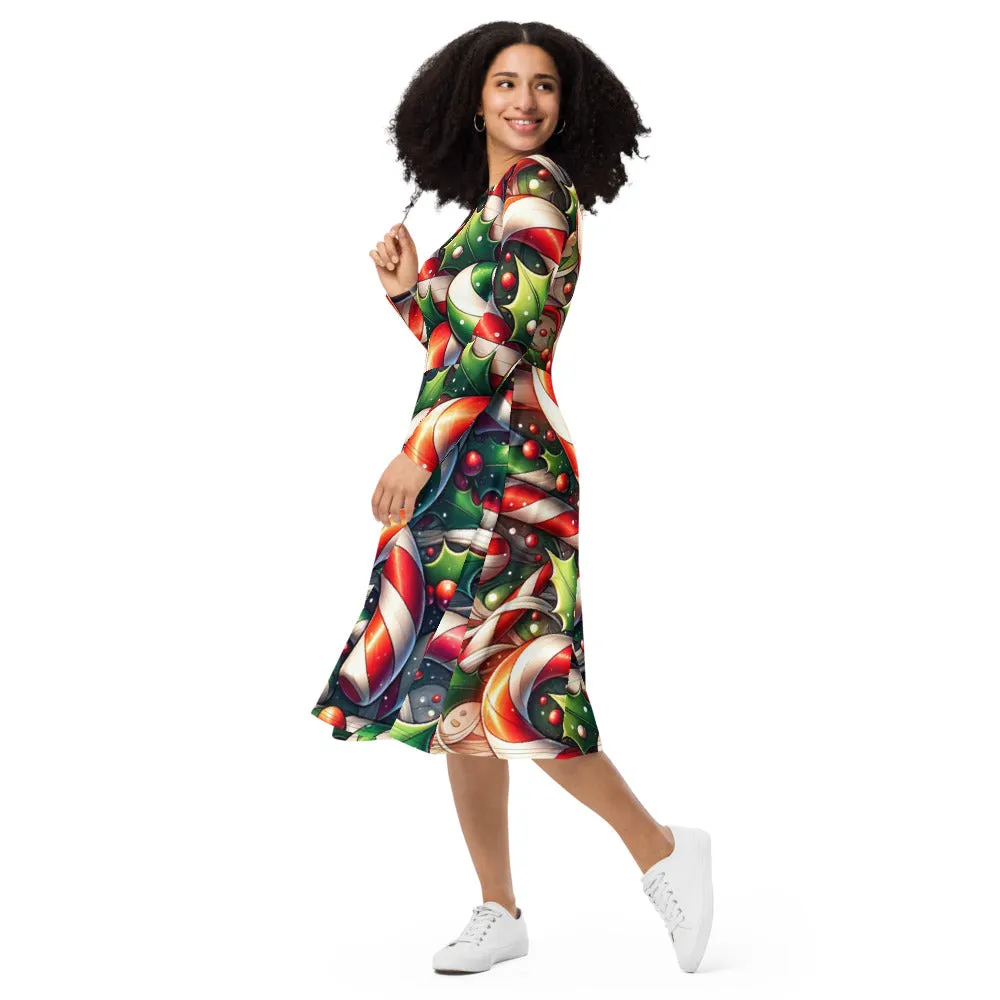 Whimsical Winter Wear Long Sleeve Midi Dress