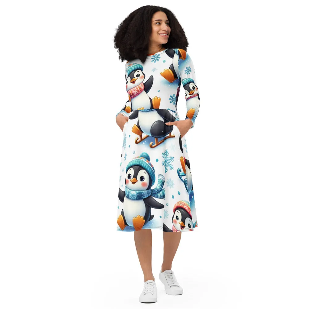 Whimsical Winter Wear Long Sleeve Midi Dress