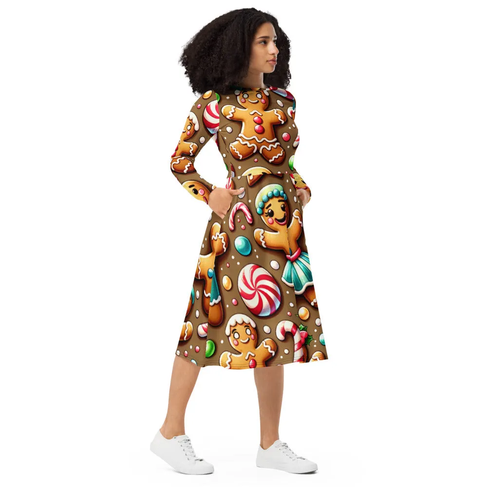 Whimsical Winter Wear Long Sleeve Midi Dress