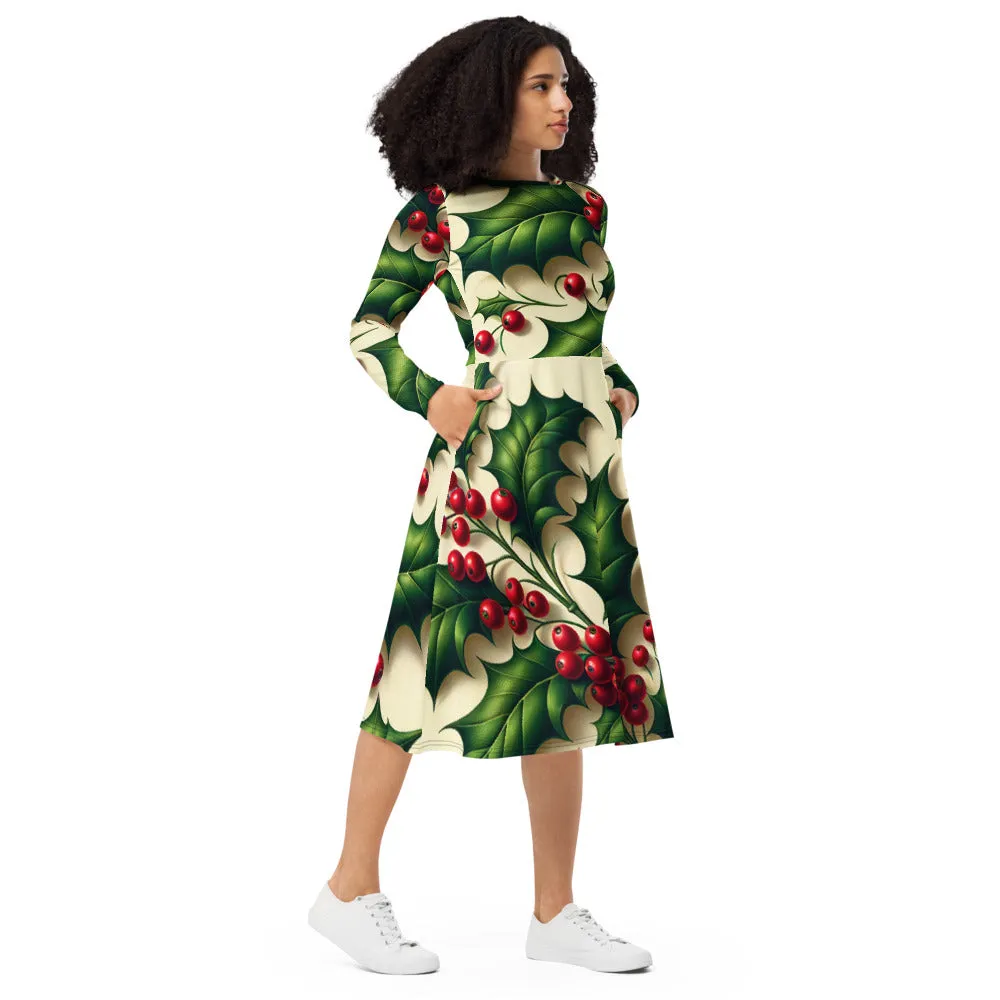 Whimsical Winter Wear Long Sleeve Midi Dress