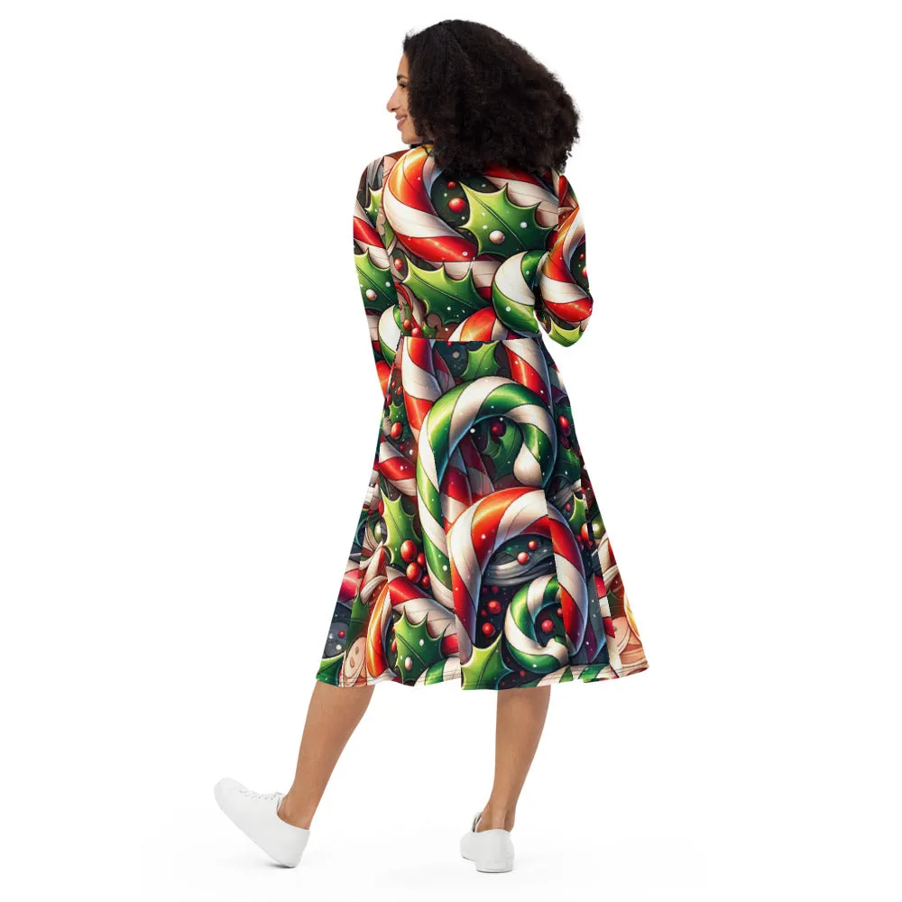 Whimsical Winter Wear Long Sleeve Midi Dress