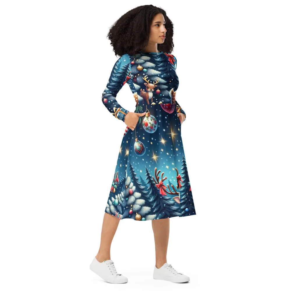 Whimsical Winter Wear Long Sleeve Midi Dress