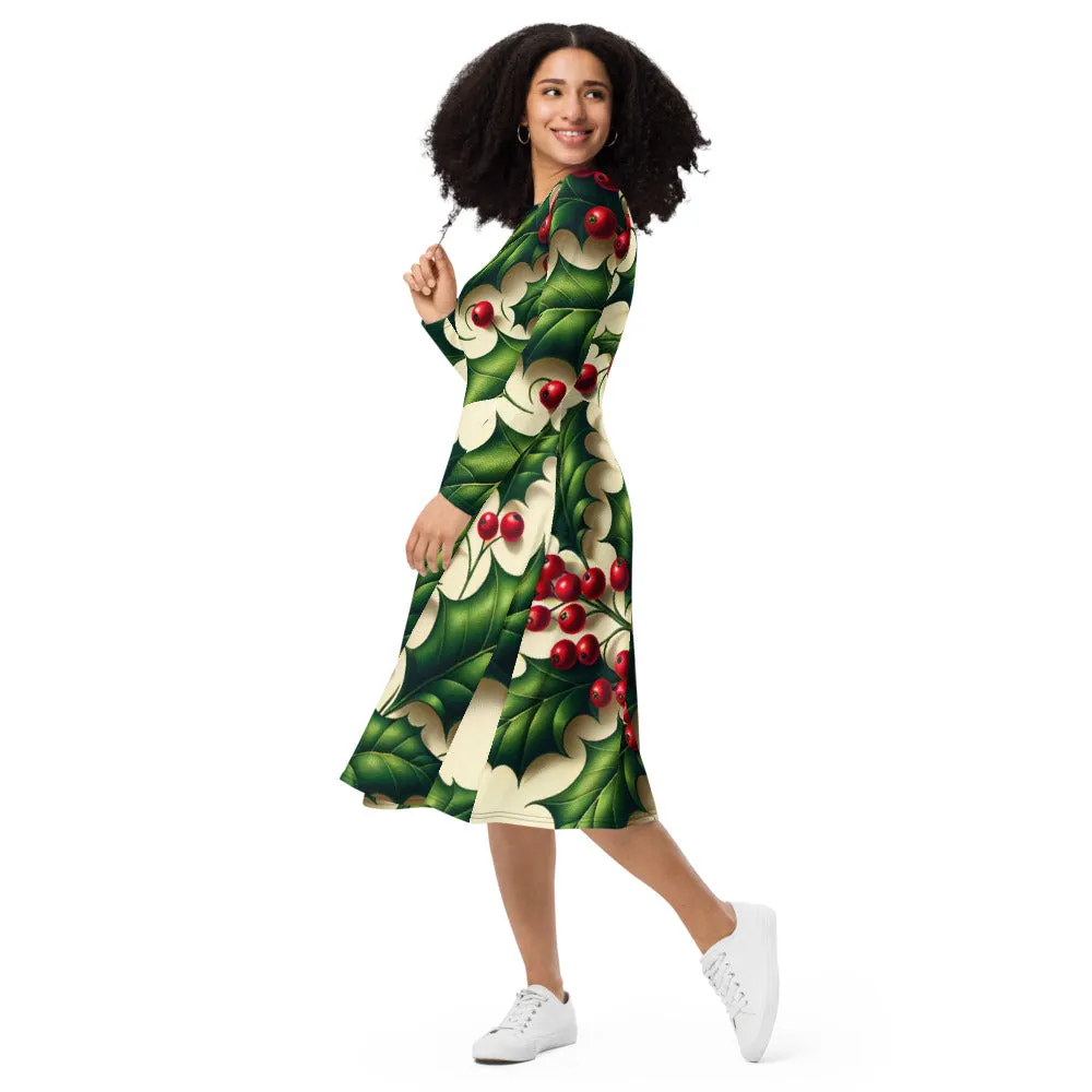 Whimsical Winter Wear Long Sleeve Midi Dress
