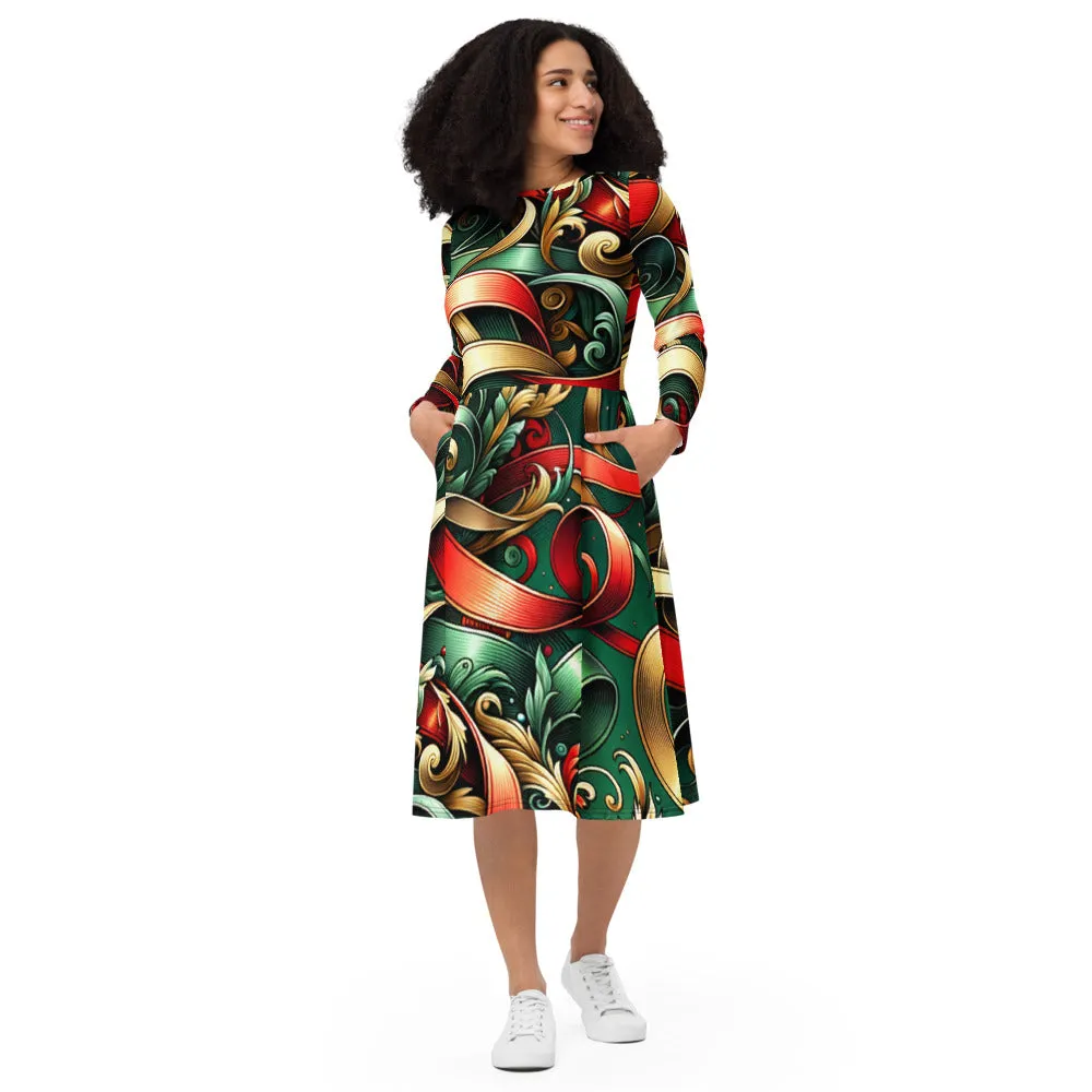 Whimsical Winter Wear Long Sleeve Midi Dress