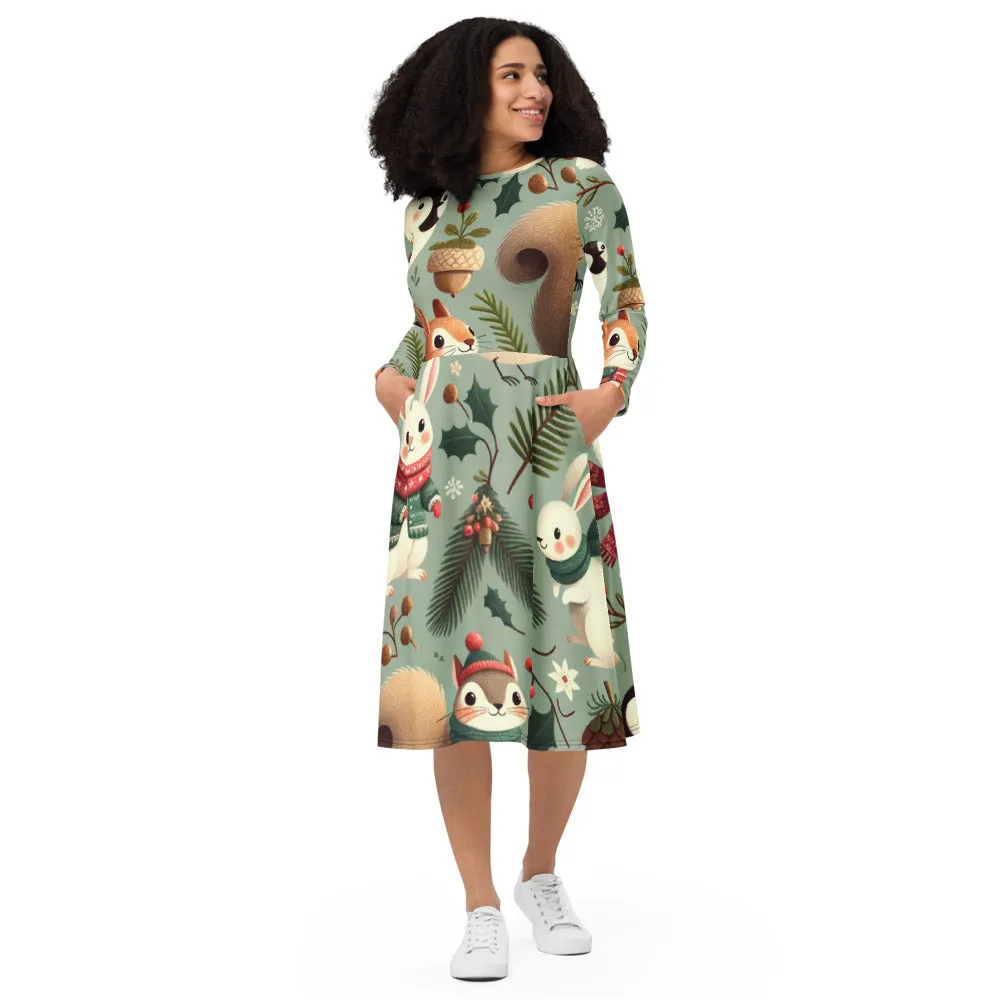 Whimsical Winter Wear Long Sleeve Midi Dress