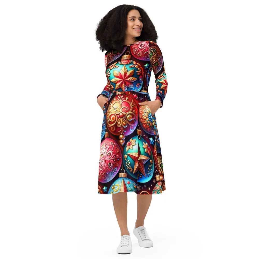 Whimsical Winter Wear Long Sleeve Midi Dress