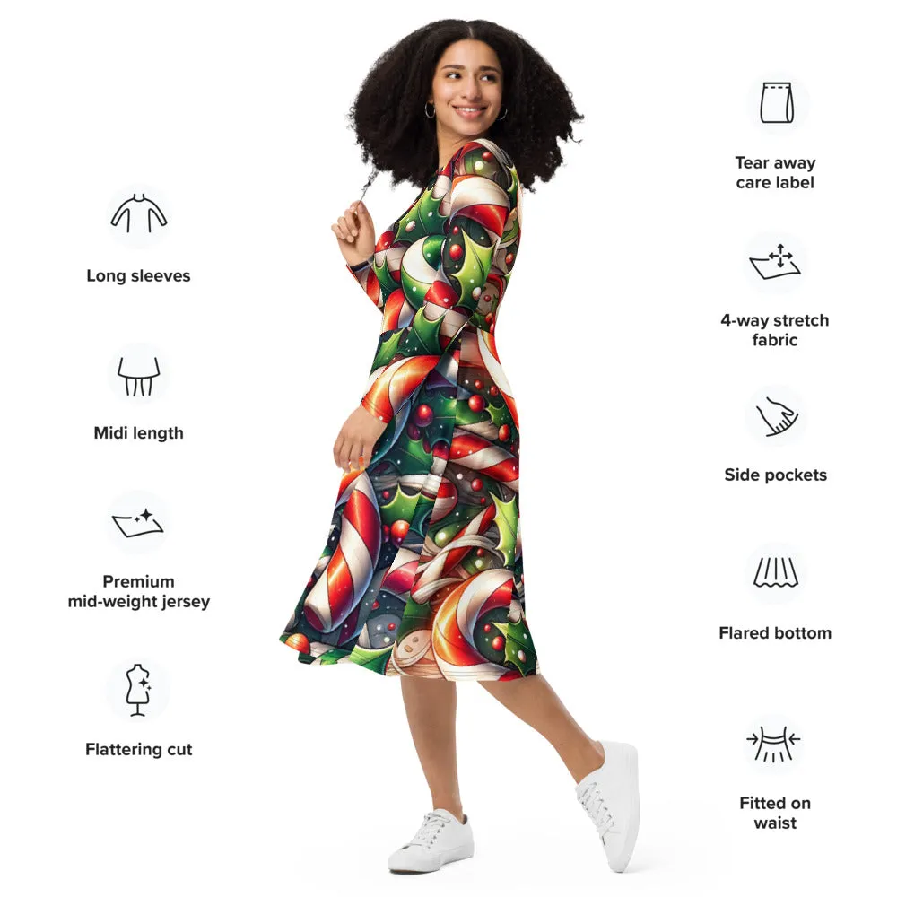Whimsical Winter Wear Long Sleeve Midi Dress
