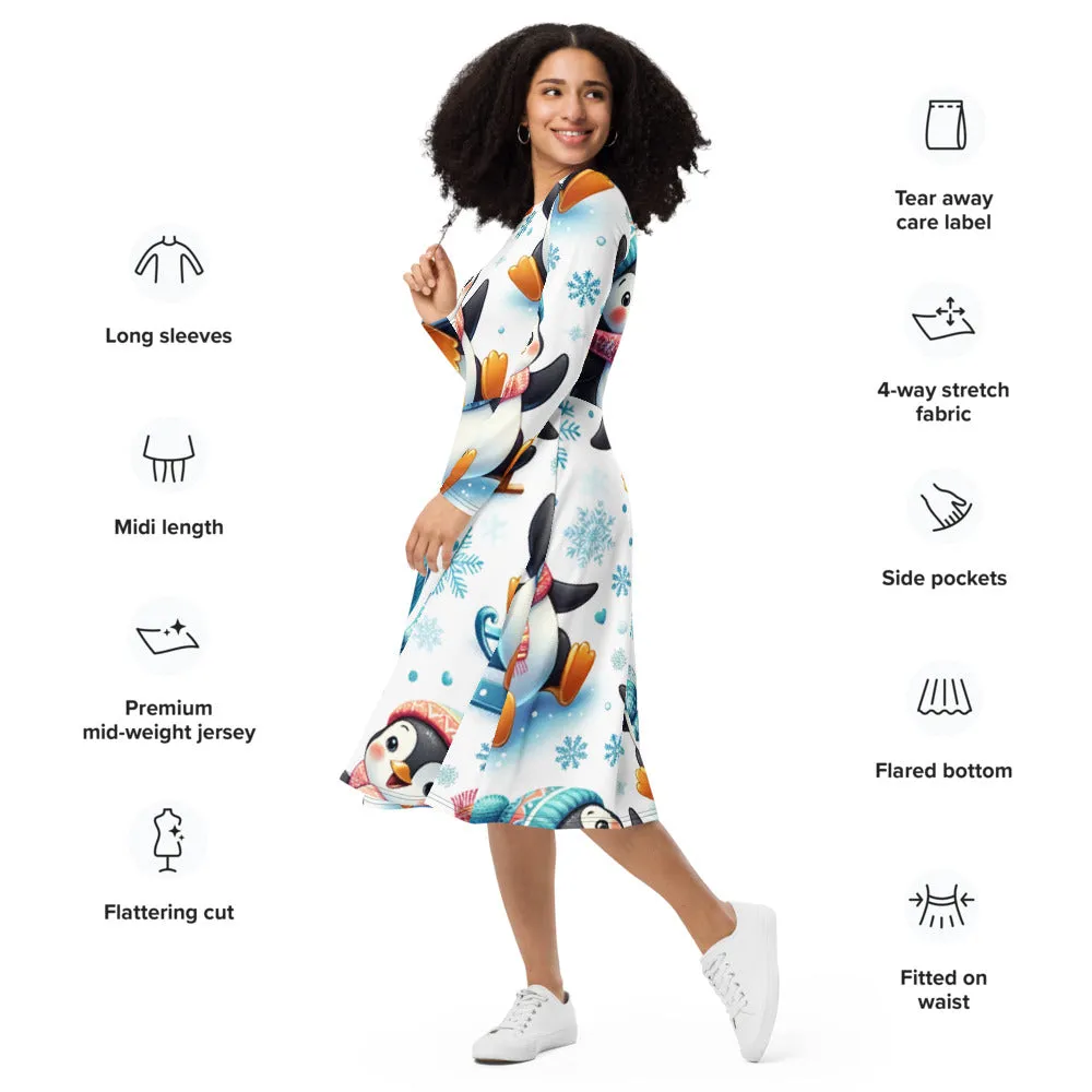 Whimsical Winter Wear Long Sleeve Midi Dress