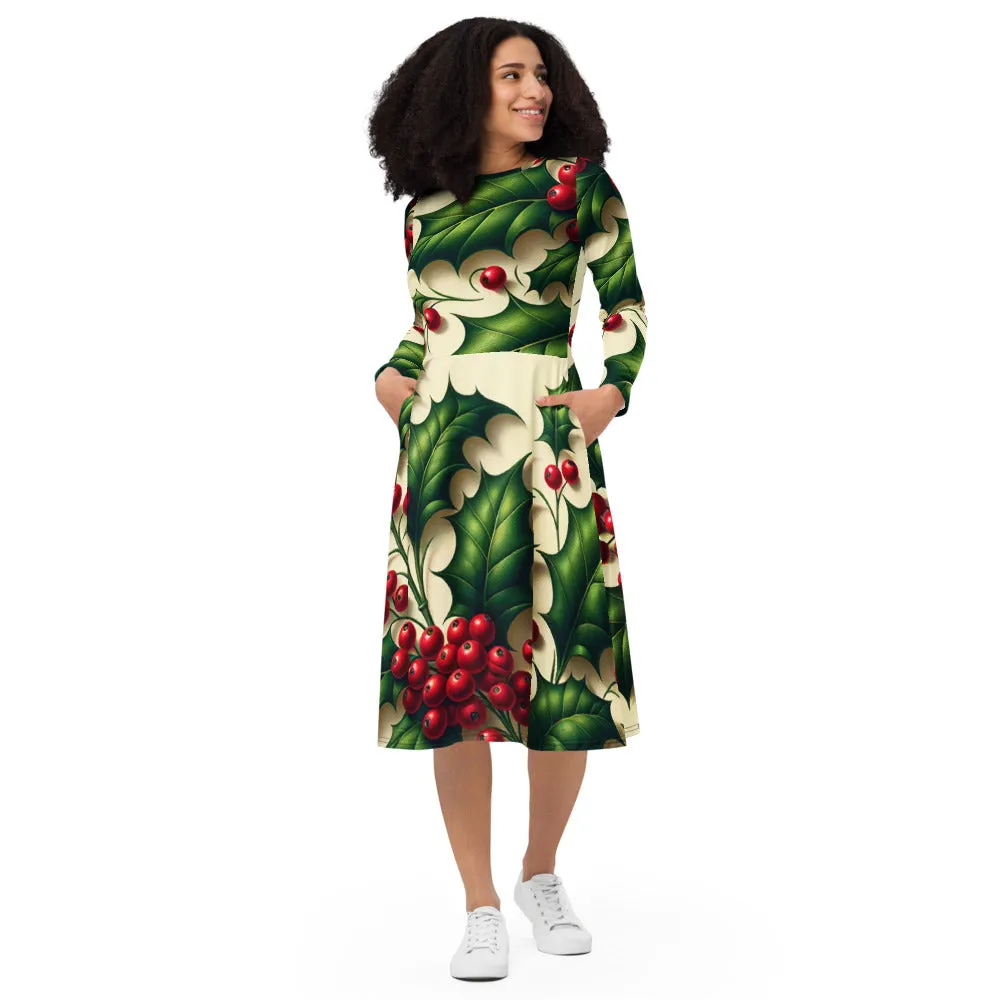 Whimsical Winter Wear Long Sleeve Midi Dress