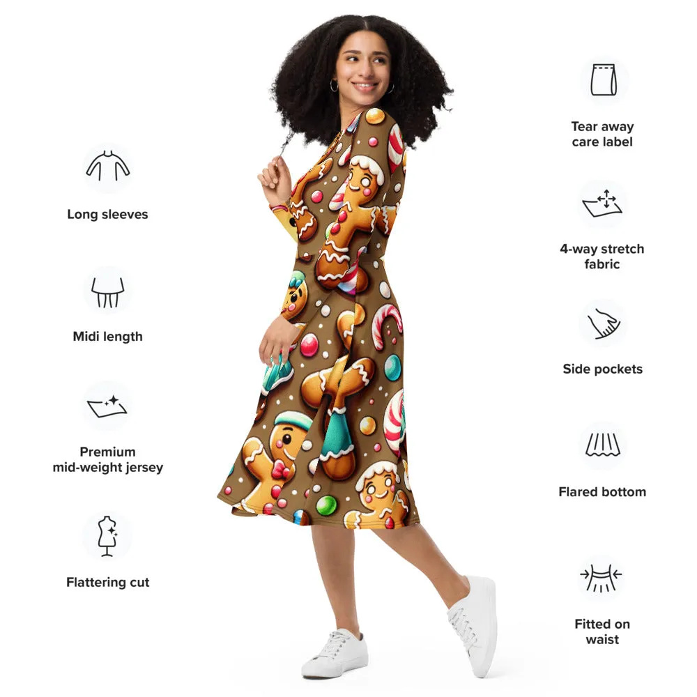 Whimsical Winter Wear Long Sleeve Midi Dress