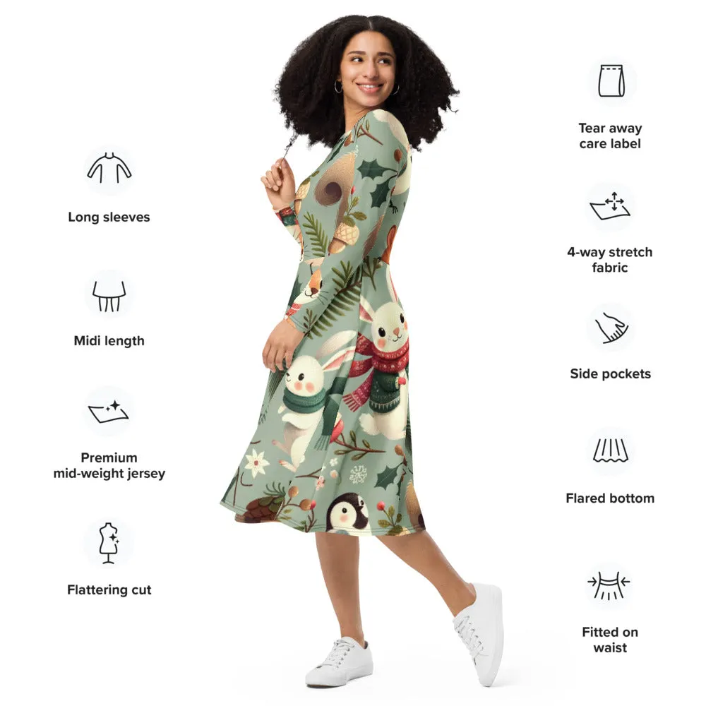 Whimsical Winter Wear Long Sleeve Midi Dress