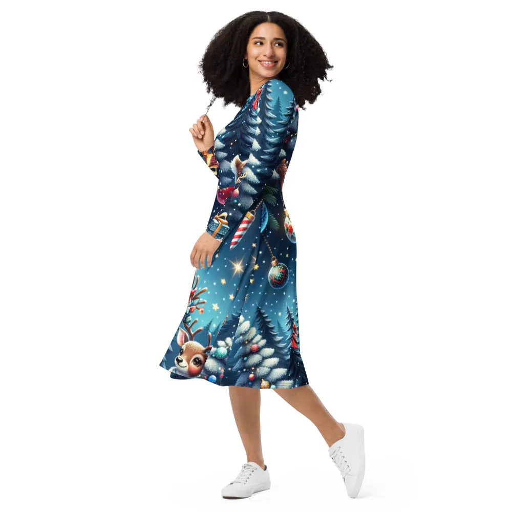 Whimsical Winter Wear Long Sleeve Midi Dress