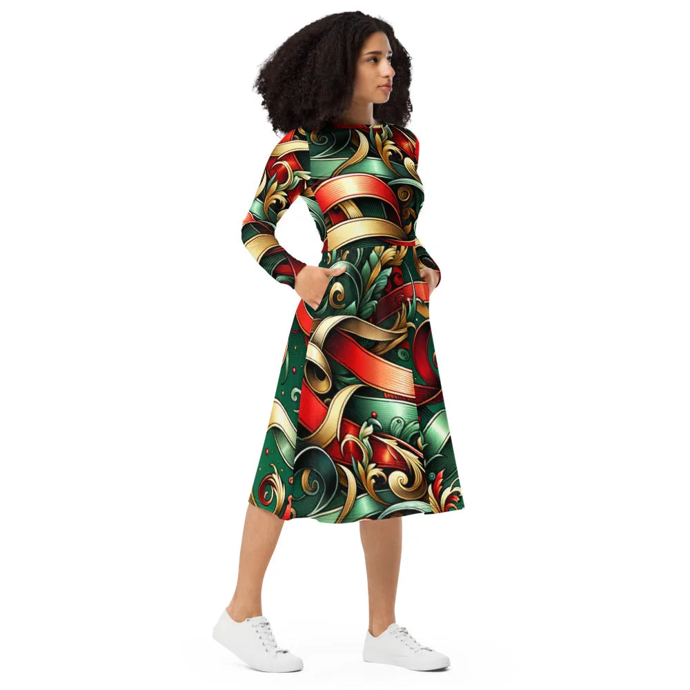 Whimsical Winter Wear Long Sleeve Midi Dress