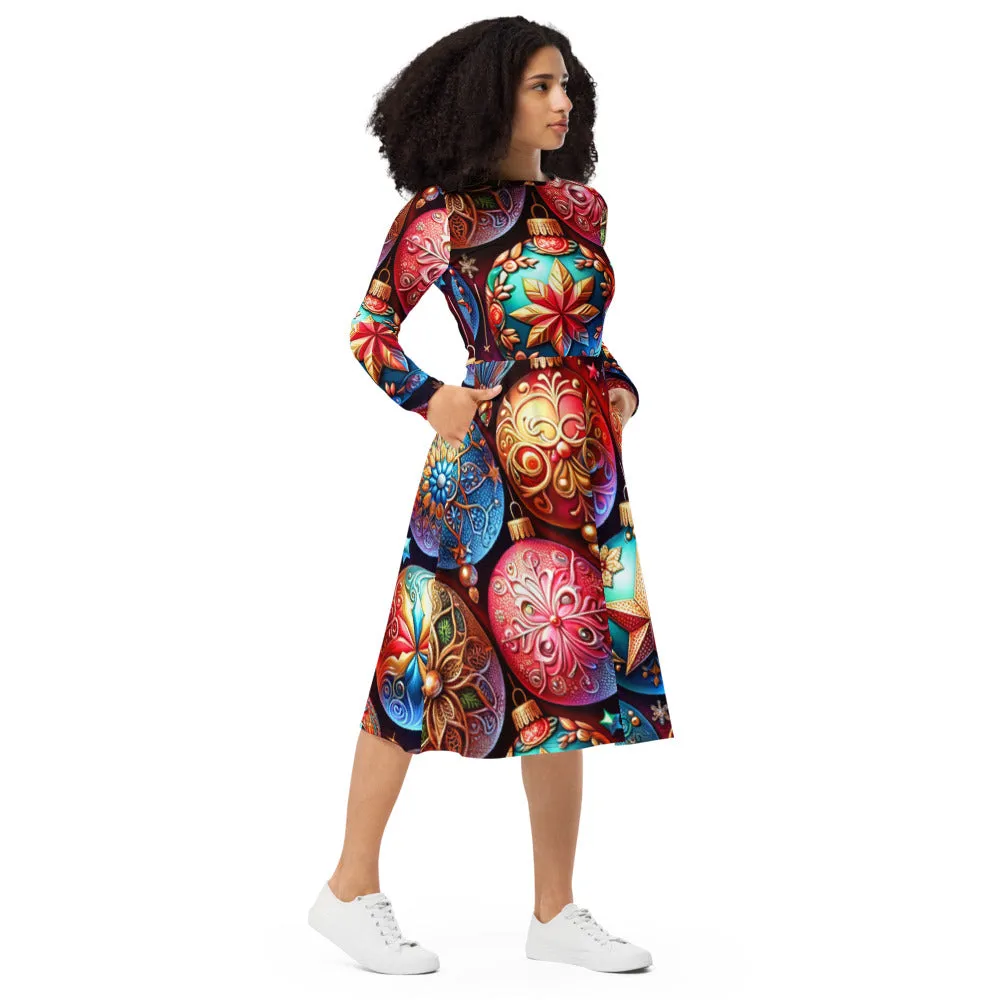 Whimsical Winter Wear Long Sleeve Midi Dress