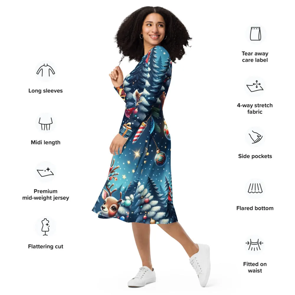 Whimsical Winter Wear Long Sleeve Midi Dress