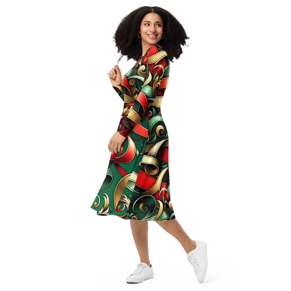 Whimsical Winter Wear Long Sleeve Midi Dress