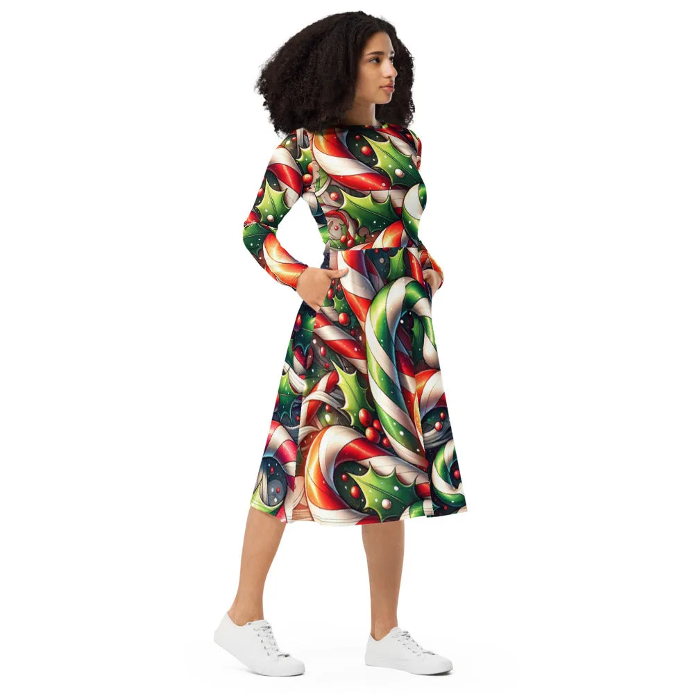 Whimsical Winter Wear Long Sleeve Midi Dress