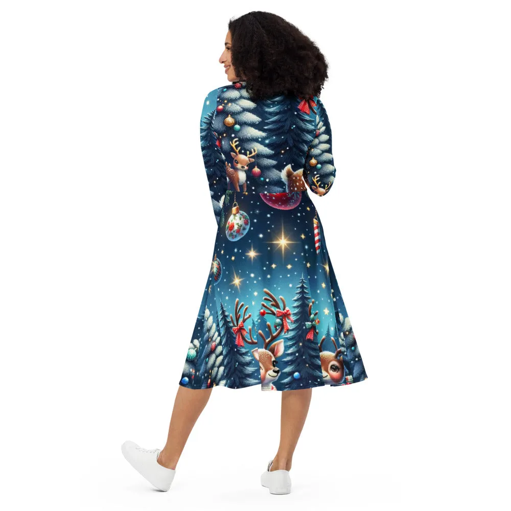 Whimsical Winter Wear Long Sleeve Midi Dress
