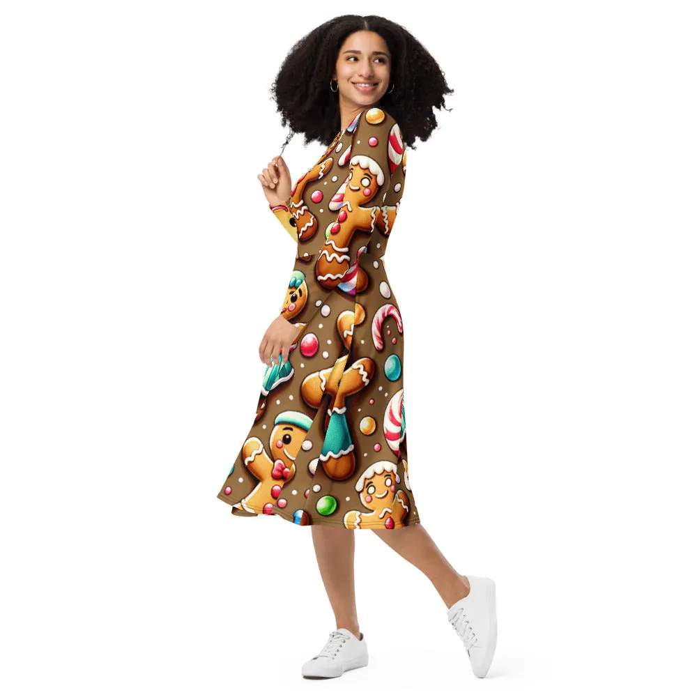 Whimsical Winter Wear Long Sleeve Midi Dress