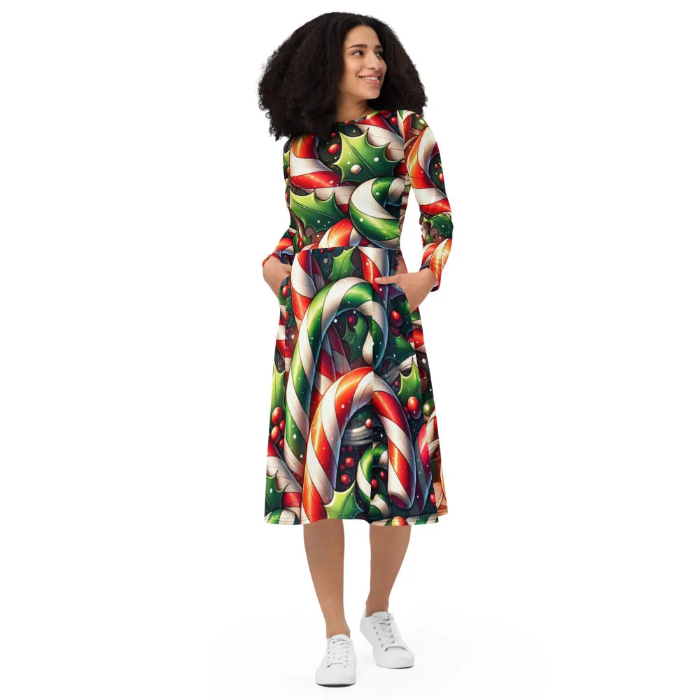Whimsical Winter Wear Long Sleeve Midi Dress