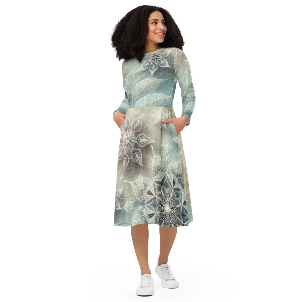Whimsical Winter Wear Long Sleeve Midi Dress