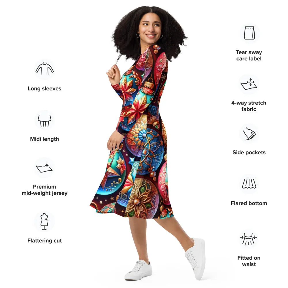 Whimsical Winter Wear Long Sleeve Midi Dress