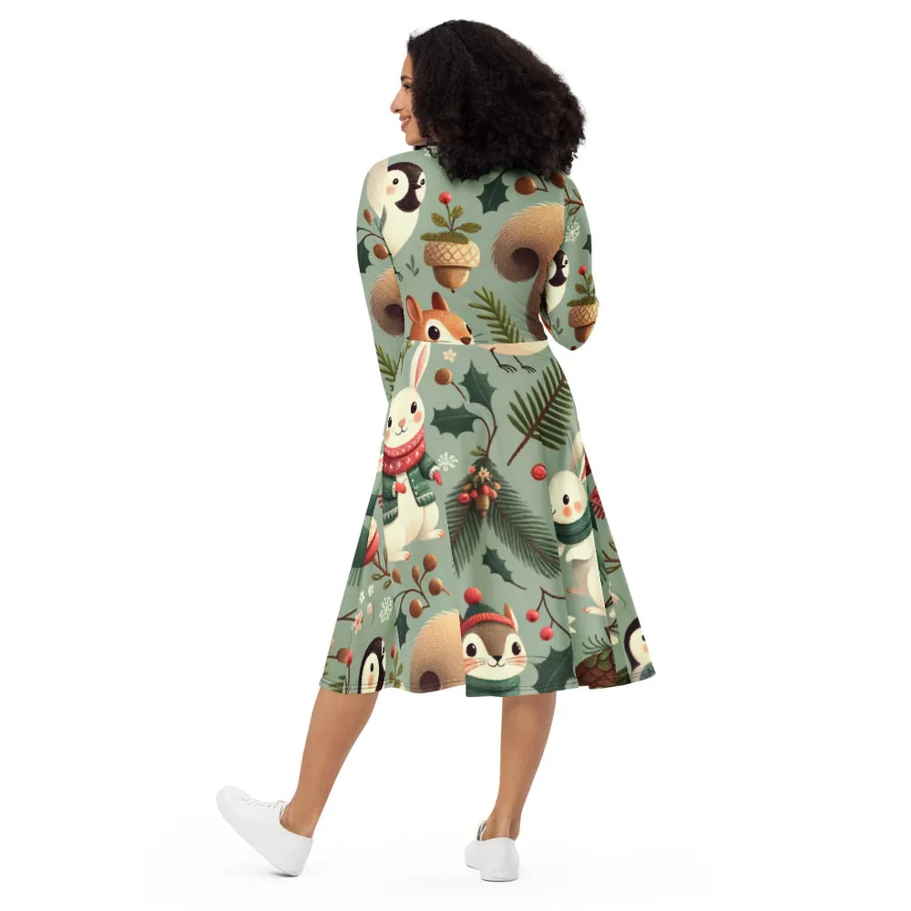 Whimsical Winter Wear Long Sleeve Midi Dress