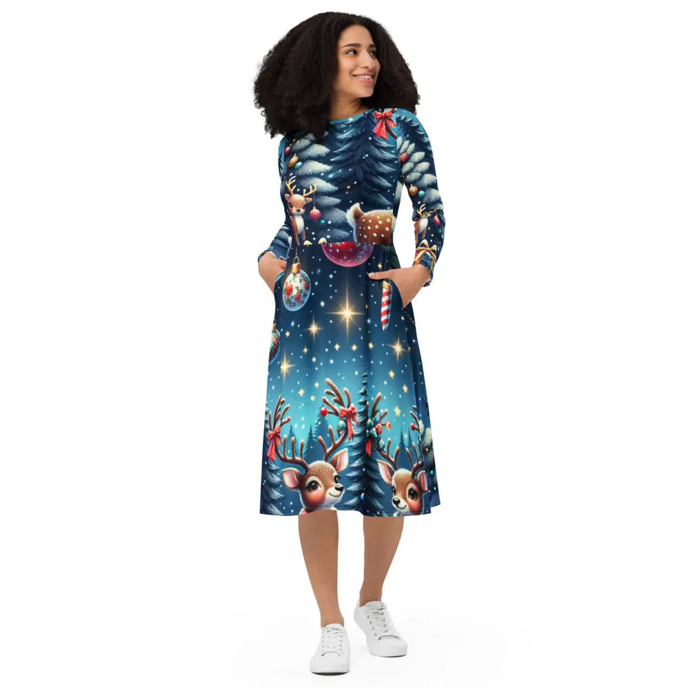 Whimsical Winter Wear Long Sleeve Midi Dress