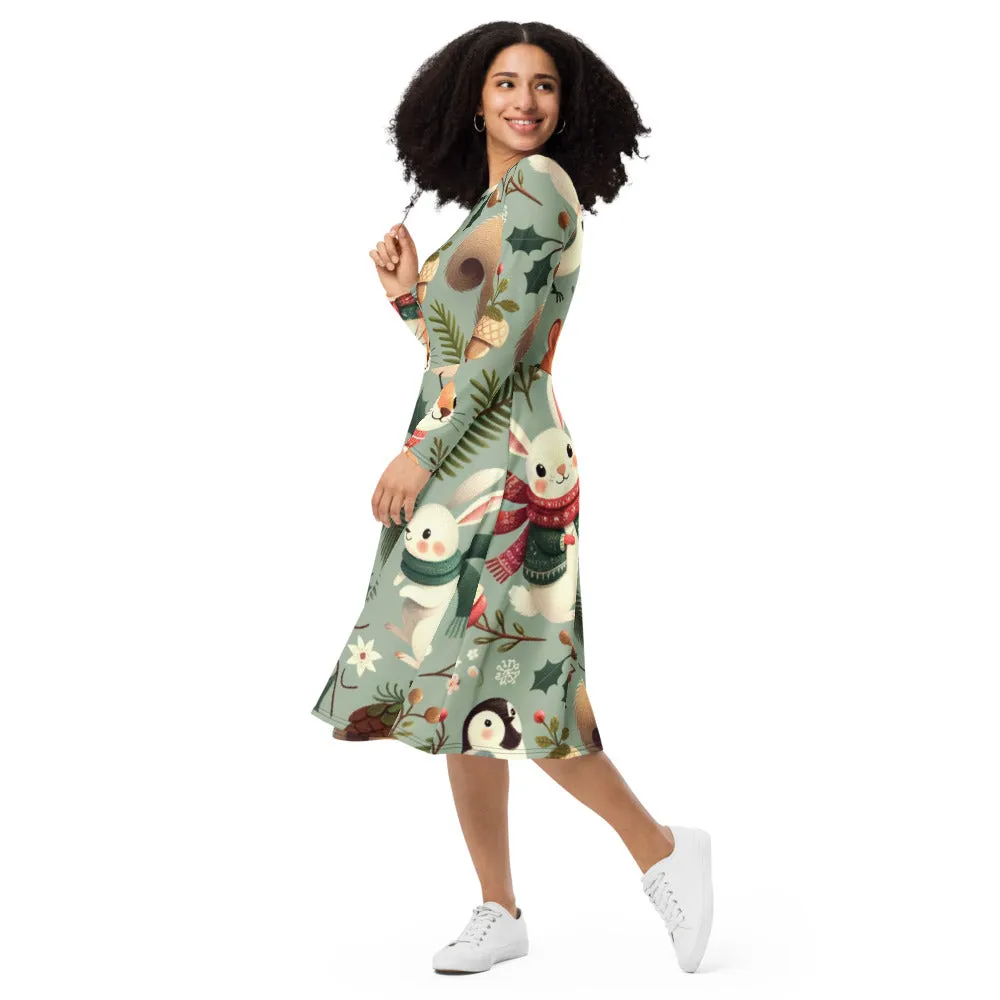 Whimsical Winter Wear Long Sleeve Midi Dress